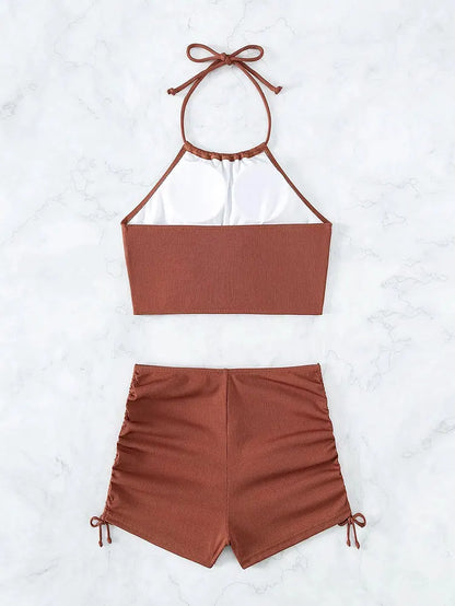 Women's Two Piece Swimsuit Bathing Suit Solid Color Drawstring Side Halter Neck Tankini Set