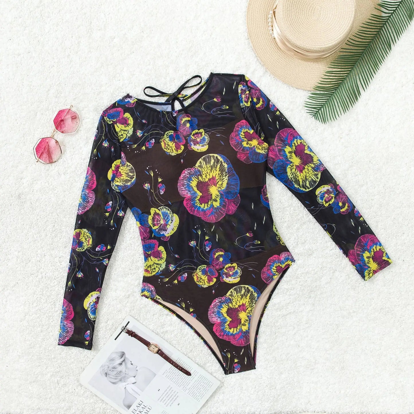 Women's Retro Print Scoop Neck Padded Long Sleeve One Piece Swimsuits High Cut Bathing Suits Swimwear Bodysuit