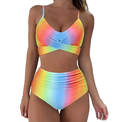 Women's High Waisted Bikini Sets Sporty Two Piece Swimsuits Color Block Cheeky High Cut Bathing Suits