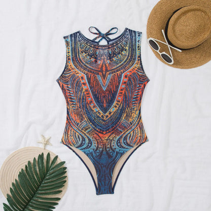 Women's Retro Print Scoop Neck Sleeveless One Piece Swimsuits High Cut Bathing Suits Swimwear Bodysuit