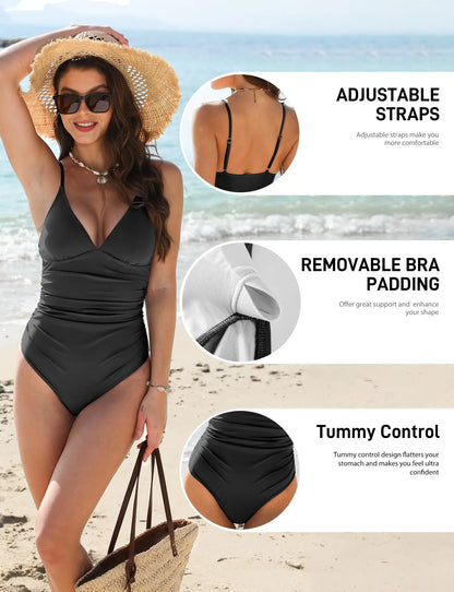 Women's One Piece Swimsuits Tummy Control Push Up Bathing Suits Wrap V Neck Cutout Tie Back Slimming Swimwear