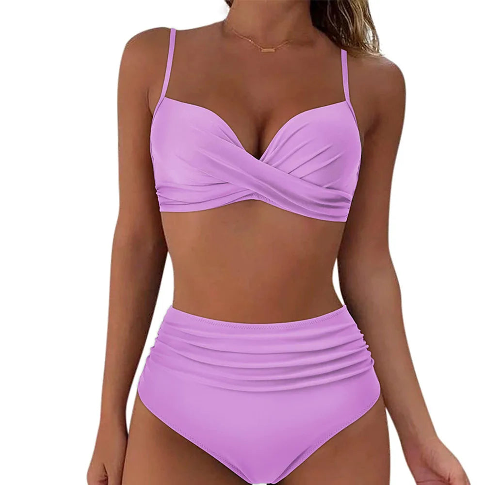 Women's High Waisted Bikini Sets Two Piece Swimsuit Tummy Control Bathing Suit V Neck Swimwear 2025 Swim Suit