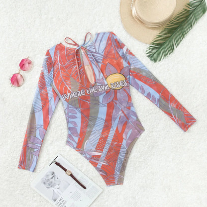 2025 Vintage Print Conservative Surfing Suit for Women,long Sleeve Zipper Round Neck Sunscreen One Piece Swimsuit,beach Bikini