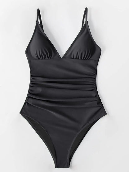 Women's One Piece Swimsuit Tummy Control V Neck Ruched Push Up Padded Bathing Suits Summer Beach Swiwear