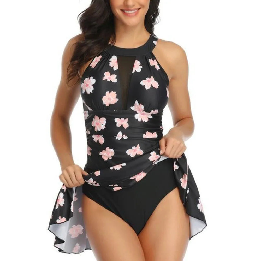 Women's One Piece Swimdress Tummy Control V-Neck Mesh Ruched Bathing Suits High Waisted Monokini Swimsuits