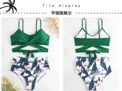 Women's High Waisted Bikini Sets Sporty Two Piece Swimsuits Color Block Cheeky High Cut Bathing Suits