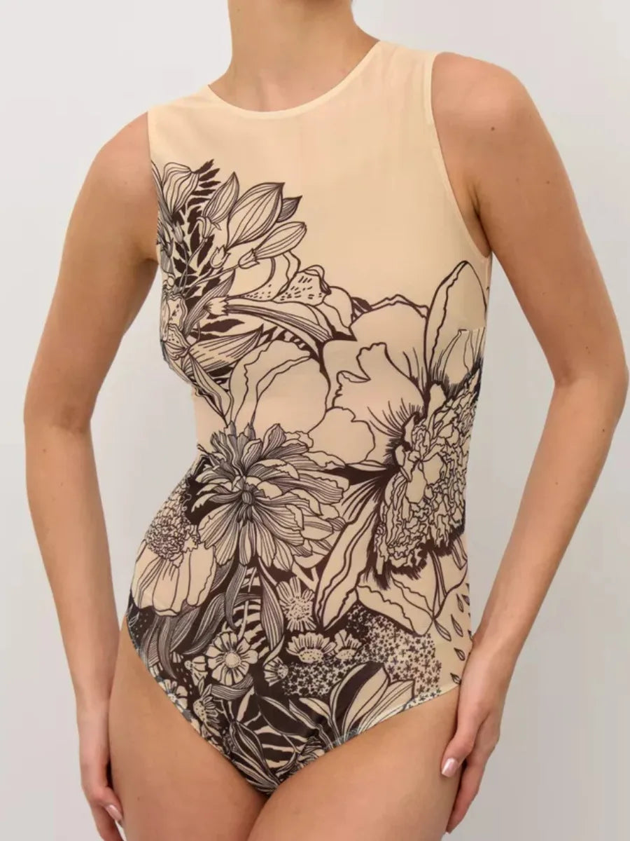 Women's Retro Print Scoop Neck Sleeveless One Piece Swimsuits High Cut Bathing Suits Swimwear Bodysuit