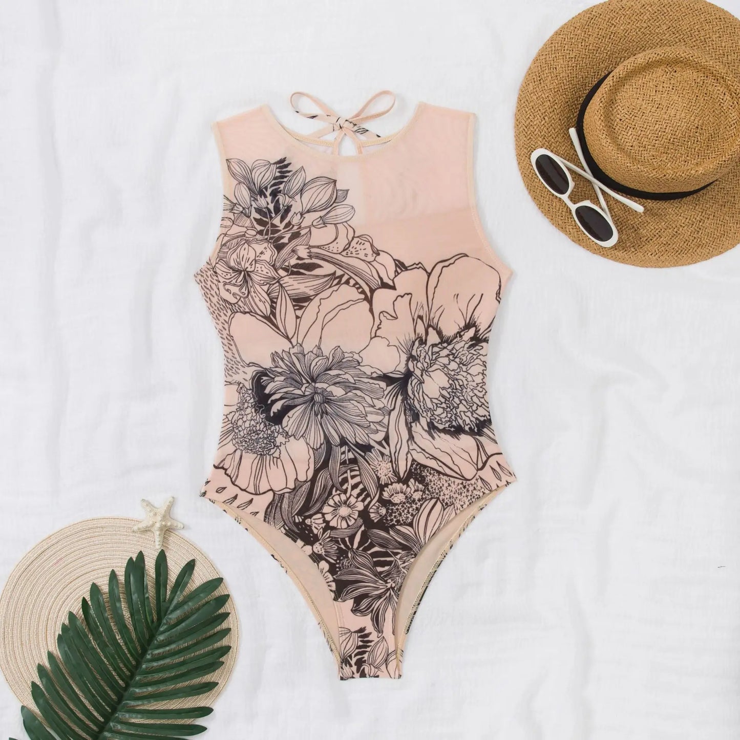 Women's Retro Print Scoop Neck Sleeveless One Piece Swimsuits High Cut Bathing Suits Swimwear Bodysuit