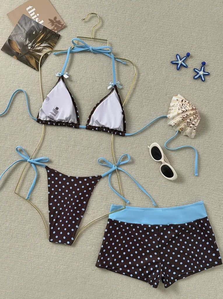 New Spring Summer Women'S Polka Dot Printed Bow V-Neck Backless Triangle Bikini 3pcs Set