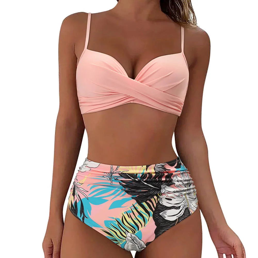 Women's High Waisted Bikini Sets Two Piece Swimsuit Tummy Control Bathing Suit V Neck Swimwear 2025 Swim Suit