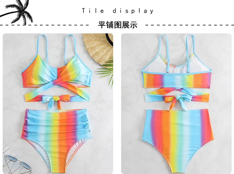 Women's High Waisted Bikini Sets Sporty Two Piece Swimsuits Color Block Cheeky High Cut Bathing Suits
