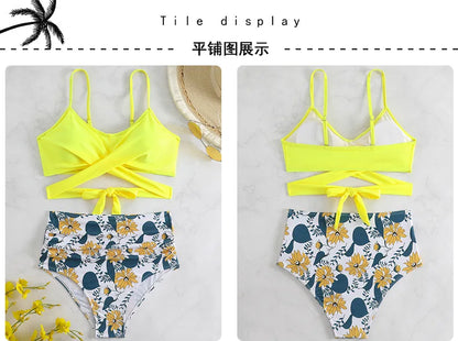 Women's High Waisted Bikini Sets Sporty Two Piece Swimsuits Color Block Cheeky High Cut Bathing Suits