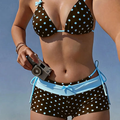 New Spring Summer Women'S Polka Dot Printed Bow V-Neck Backless Triangle Bikini 3pcs Set
