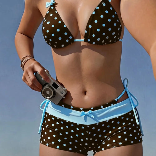 New Spring Summer Women'S Polka Dot Printed Bow V-Neck Backless Triangle Bikini 3pcs Set