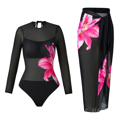 Bikini Bodysuit Swimwear Women With Skirt Bathing Suit Summer New Ruffle Splice Print Beachwear Holiday Bikini Cover Ups Outfits
