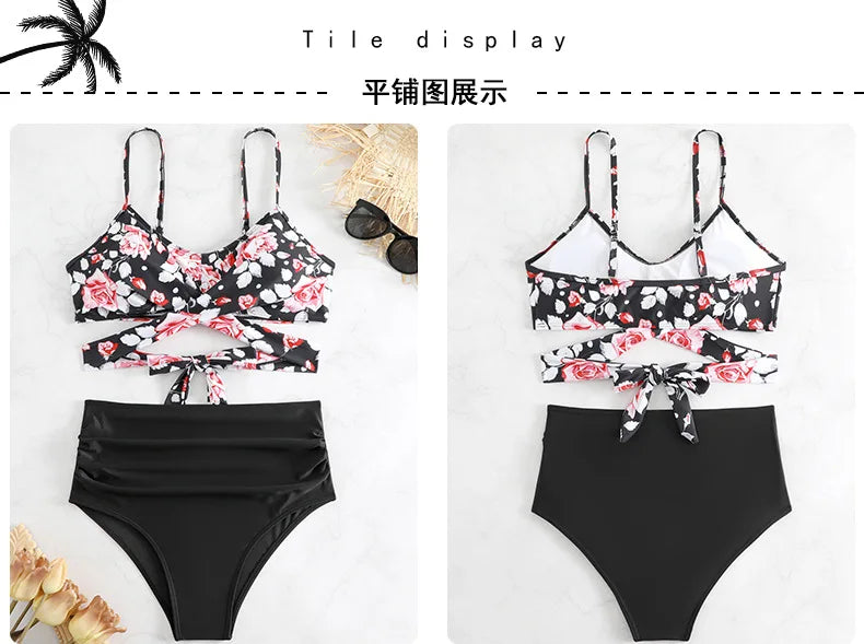 Women's High Waisted Bikini Sets Sporty Two Piece Swimsuits Color Block Cheeky High Cut Bathing Suits