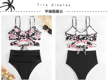 Women's High Waisted Bikini Sets Sporty Two Piece Swimsuits Color Block Cheeky High Cut Bathing Suits