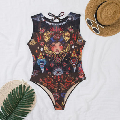 Women's Retro Print Scoop Neck Sleeveless One Piece Swimsuits High Cut Bathing Suits Swimwear Bodysuit
