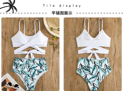 Women's High Waisted Bikini Sets Sporty Two Piece Swimsuits Color Block Cheeky High Cut Bathing Suits