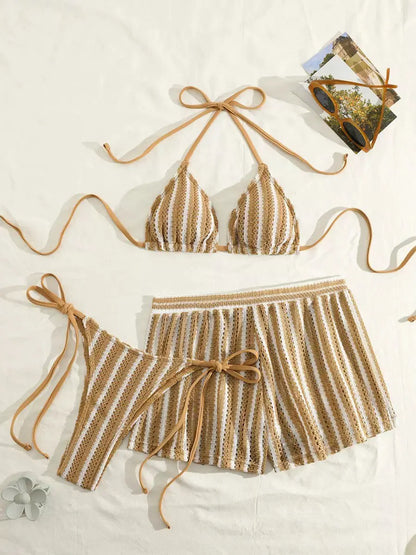 3pcs/Set Bohemian Style Crochet Fabric Drawstring Swimsuit Cover Up Bikini Set For Summer Beach Vacation
