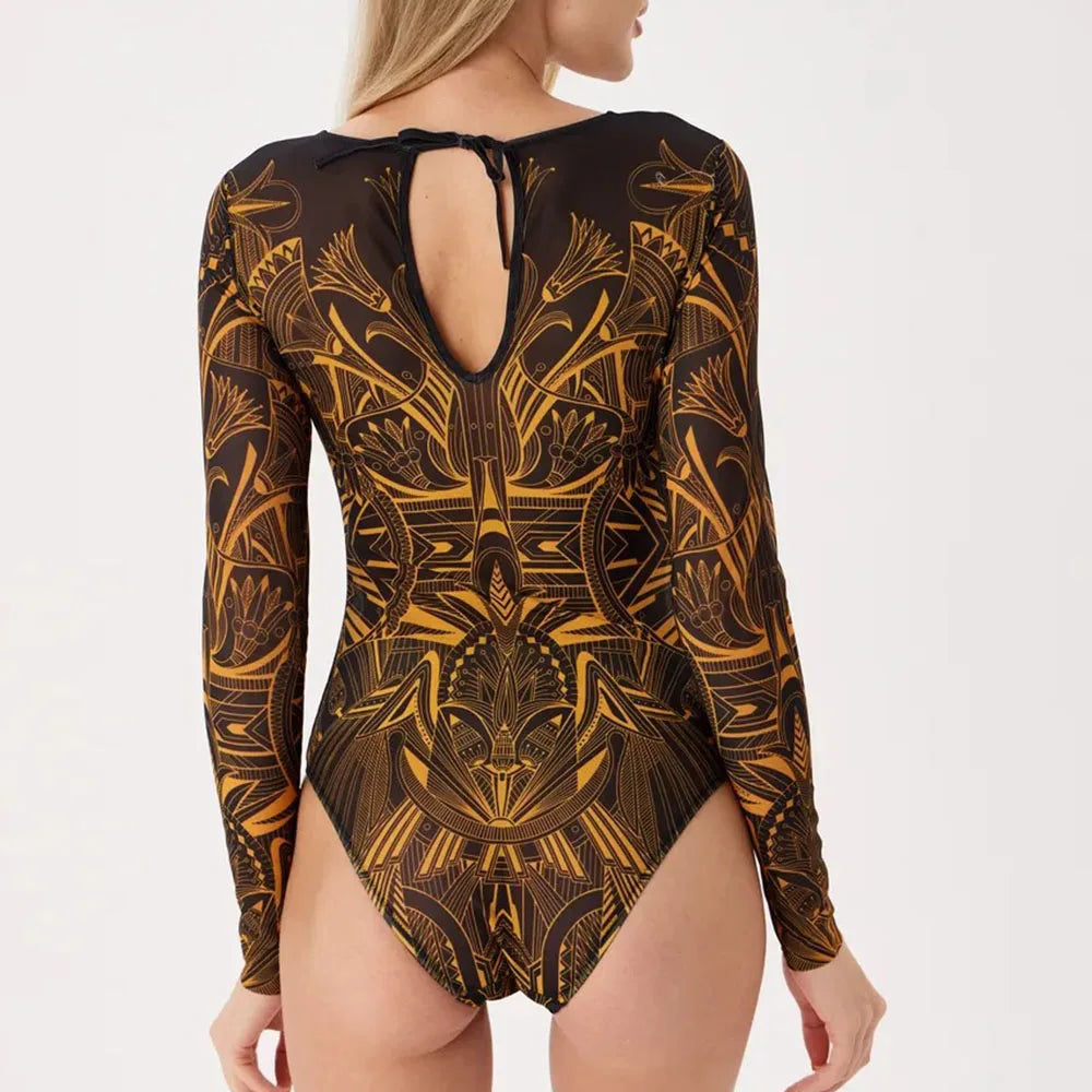 2025 Vintage Print Conservative Surfing Suit for Women,long Sleeve Zipper Round Neck Sunscreen One Piece Swimsuit,beach Bikini