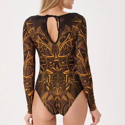 2025 Vintage Print Conservative Surfing Suit for Women,long Sleeve Zipper Round Neck Sunscreen One Piece Swimsuit,beach Bikini