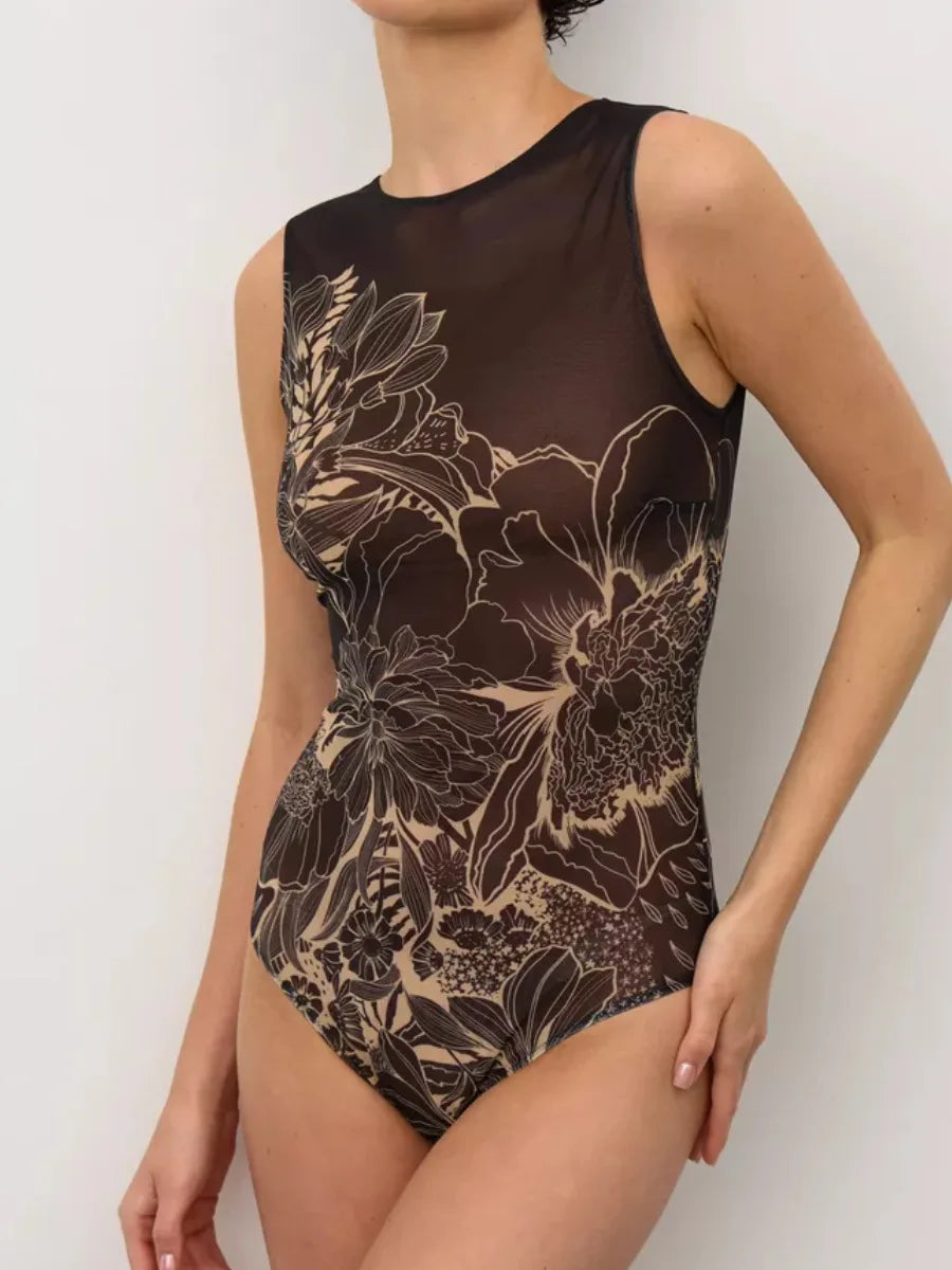 Women's Retro Print Scoop Neck Sleeveless One Piece Swimsuits High Cut Bathing Suits Swimwear Bodysuit