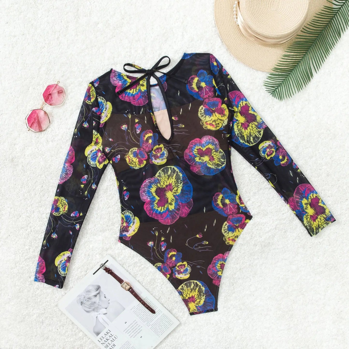 2025 Vintage Print Conservative Surfing Suit for Women,long Sleeve Zipper Round Neck Sunscreen One Piece Swimsuit,beach Bikini
