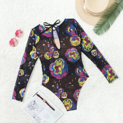 2025 Vintage Print Conservative Surfing Suit for Women,long Sleeve Zipper Round Neck Sunscreen One Piece Swimsuit,beach Bikini