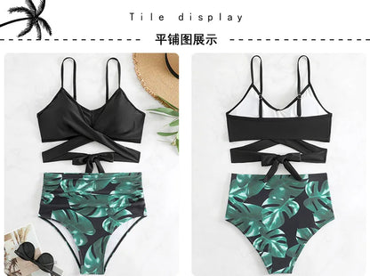 Women's High Waisted Bikini Sets Sporty Two Piece Swimsuits Color Block Cheeky High Cut Bathing Suits