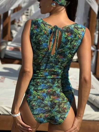 Women's Retro Print Scoop Neck Sleeveless One Piece Swimsuits High Cut Bathing Suits Swimwear Bodysuit
