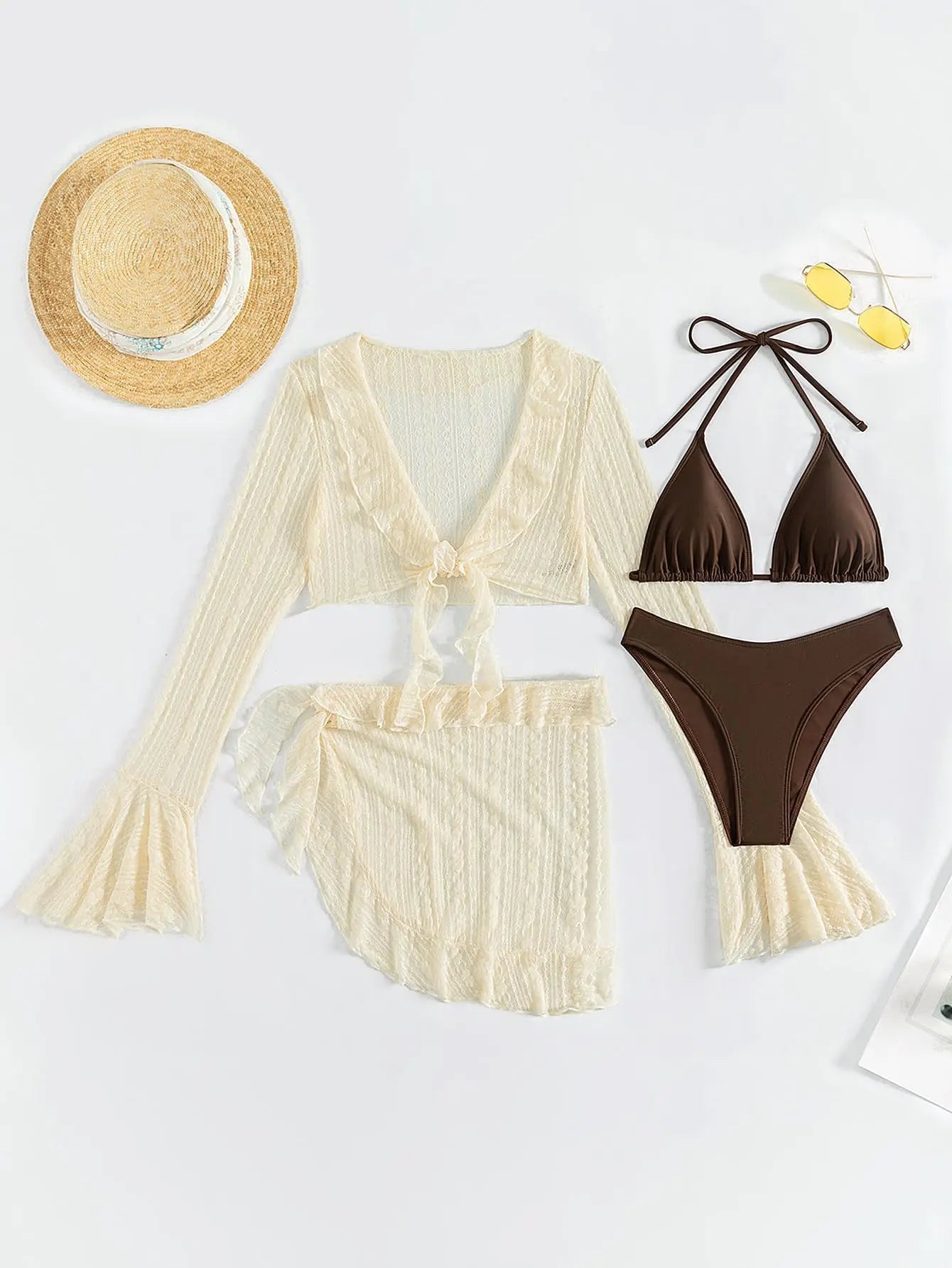 Women's 4 Piece Bikini Halter Neck Triangle Set High Cut Bikini Lettuce Trim Swimsuit Bathing Suit Cover Up Set