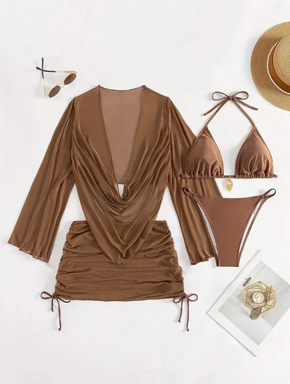 4pcs Sexy Solid Color Bikini Set With Sheer Cover-Up, Suitable For Vacation, Beach Party, Perfect For New Year And Valentine's