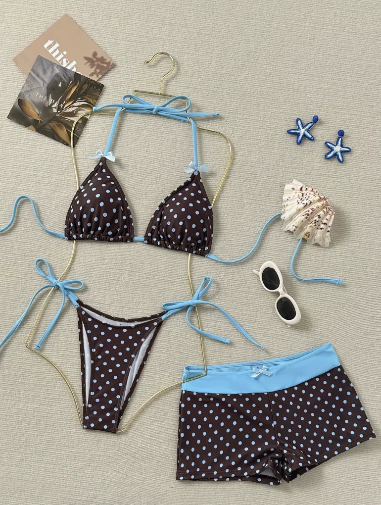 New Spring Summer Women'S Polka Dot Printed Bow V-Neck Backless Triangle Bikini 3pcs Set