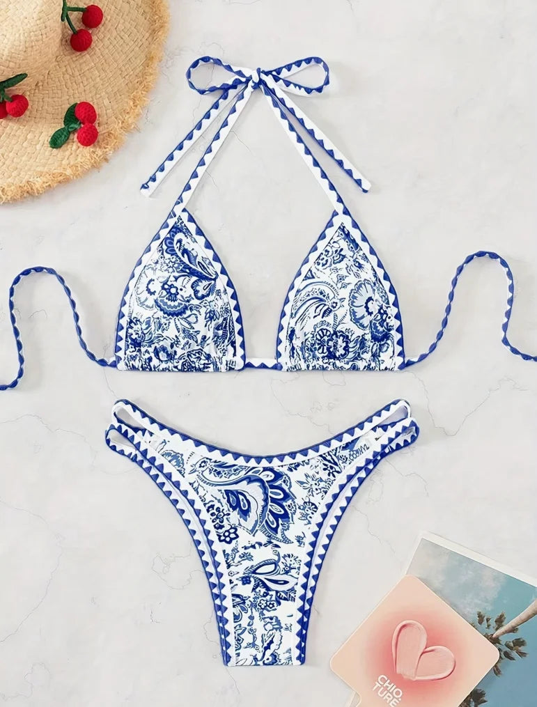 Women's 2pcs Swimsuit Set, Spring/Summer Ethnic-style Bikini with Crushed Floral Pattern