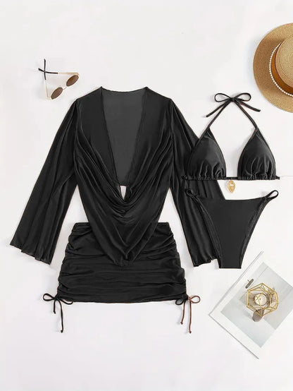 4pcs Sexy Solid Color Bikini Set With Sheer Cover-Up, Suitable For Vacation, Beach Party, Perfect For New Year And Valentine's