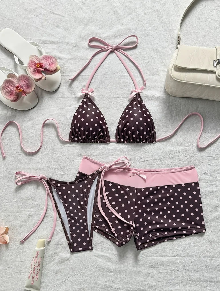 New Spring Summer Women'S Polka Dot Printed Bow V-Neck Backless Triangle Bikini 3pcs Set