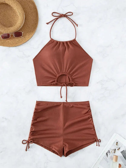 Women's Two Piece Swimsuit Bathing Suit Solid Color Drawstring Side Halter Neck Tankini Set