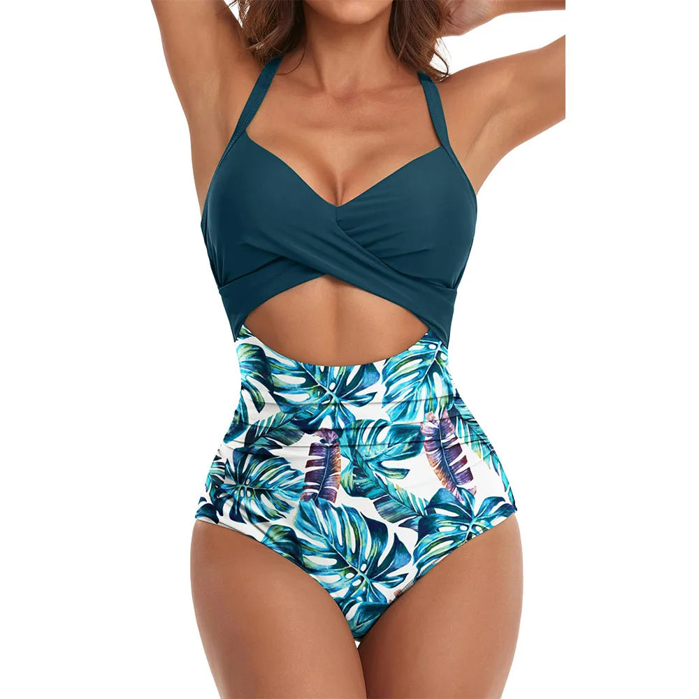 Women's One Piece Swimsuits Tummy Control Cutout High Waisted Bathing Suit Wrap Tie Back 1 Piece Swimsuit