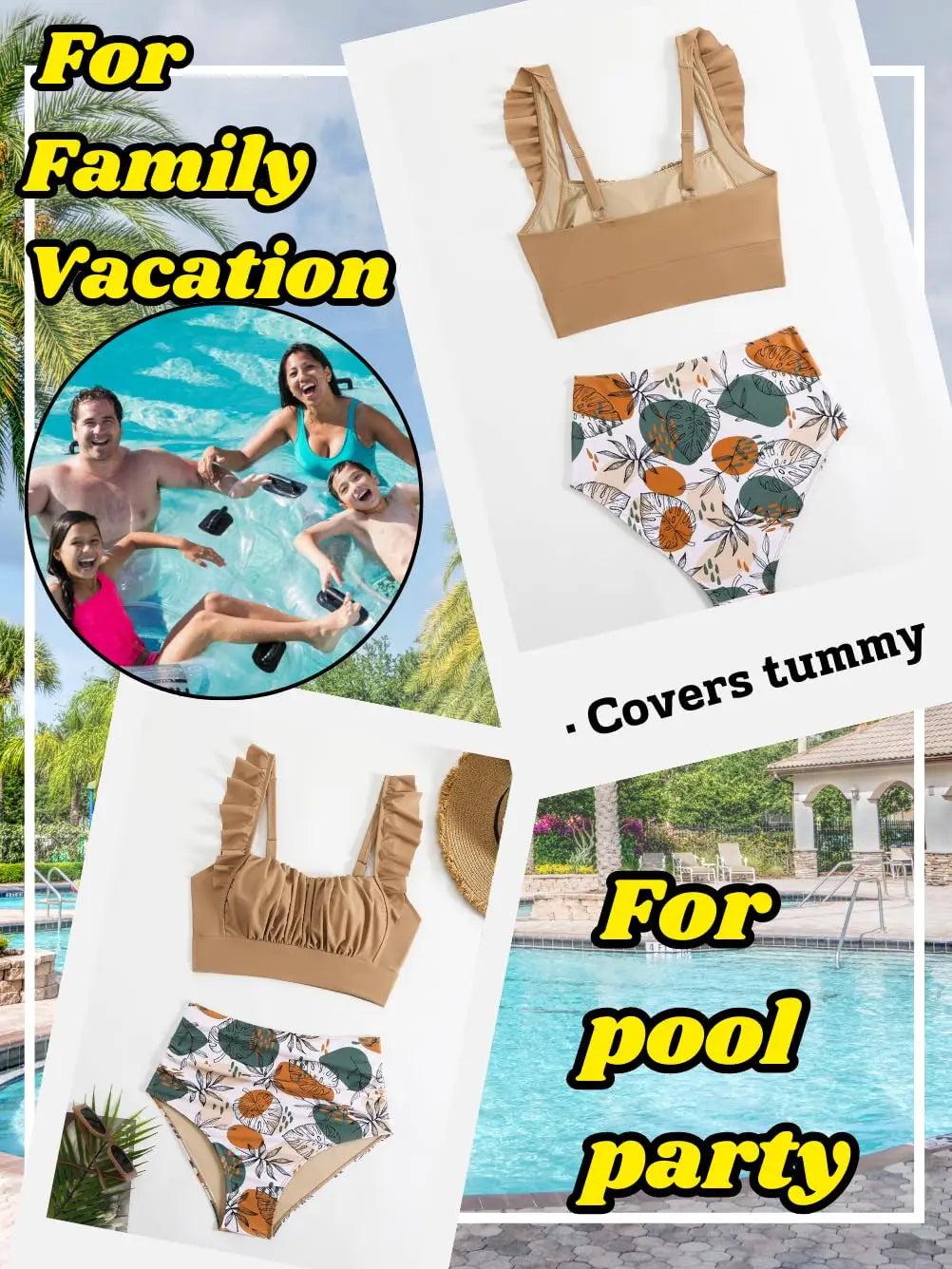 Women 2 Piece High Waisted Bikini Set, Floral Ruffle Tummy Control Swimsuit, Ruched Modest Full Coverage Bathing Suit