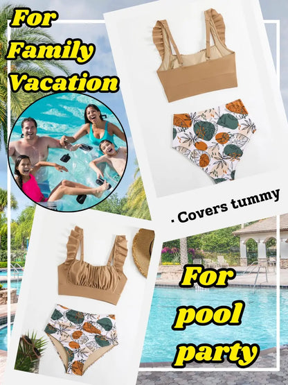 Women 2 Piece High Waisted Bikini Set, Floral Ruffle Tummy Control Swimsuit, Ruched Modest Full Coverage Bathing Suit