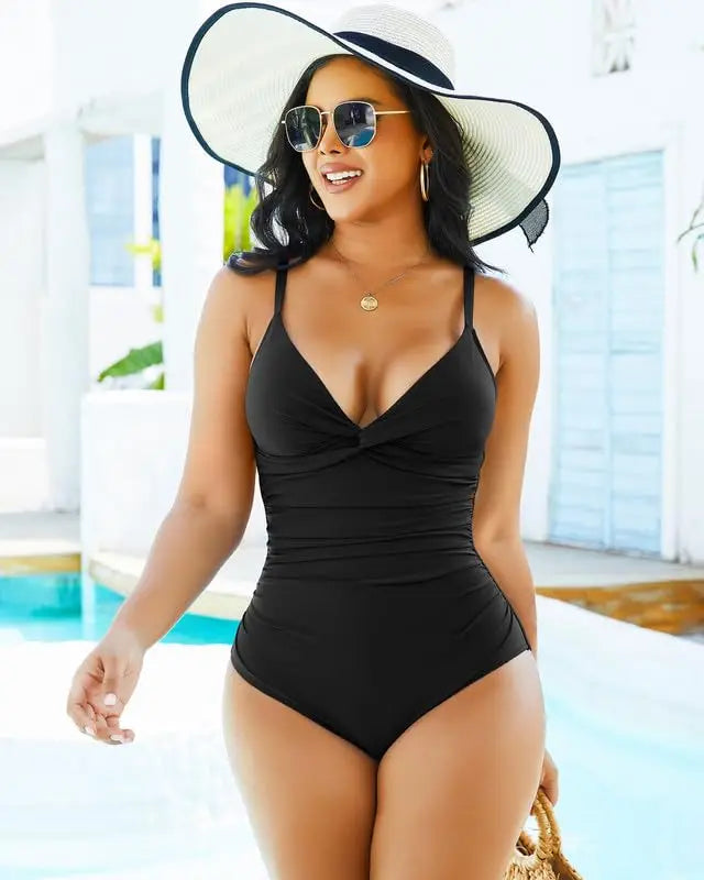 Women's One Piece Swimsuit Tummy Control V Neck Ruched Push Up Padded Bathing Suits Summer Beach Swiwear