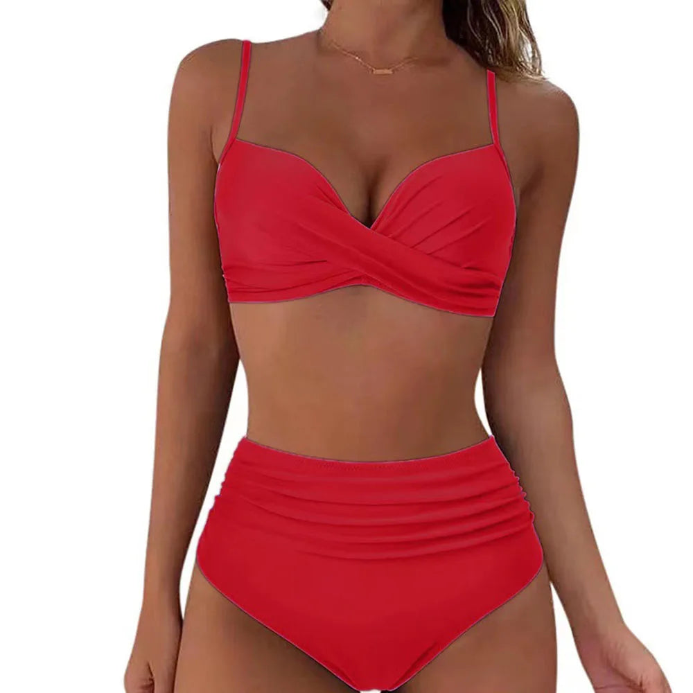 Women's High Waisted Bikini Sets Two Piece Swimsuit Tummy Control Bathing Suit V Neck Swimwear 2025 Swim Suit