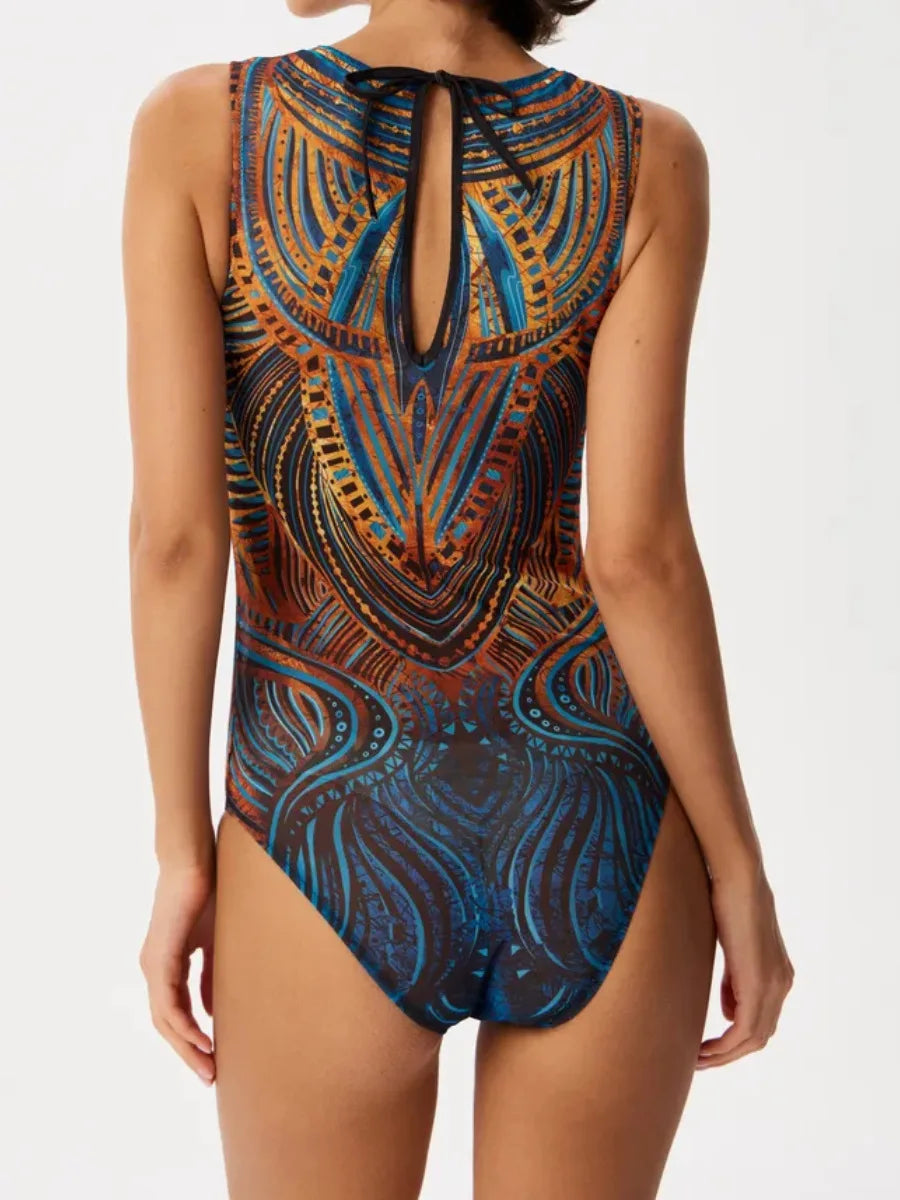 Women's Retro Print Scoop Neck Sleeveless One Piece Swimsuits High Cut Bathing Suits Swimwear Bodysuit