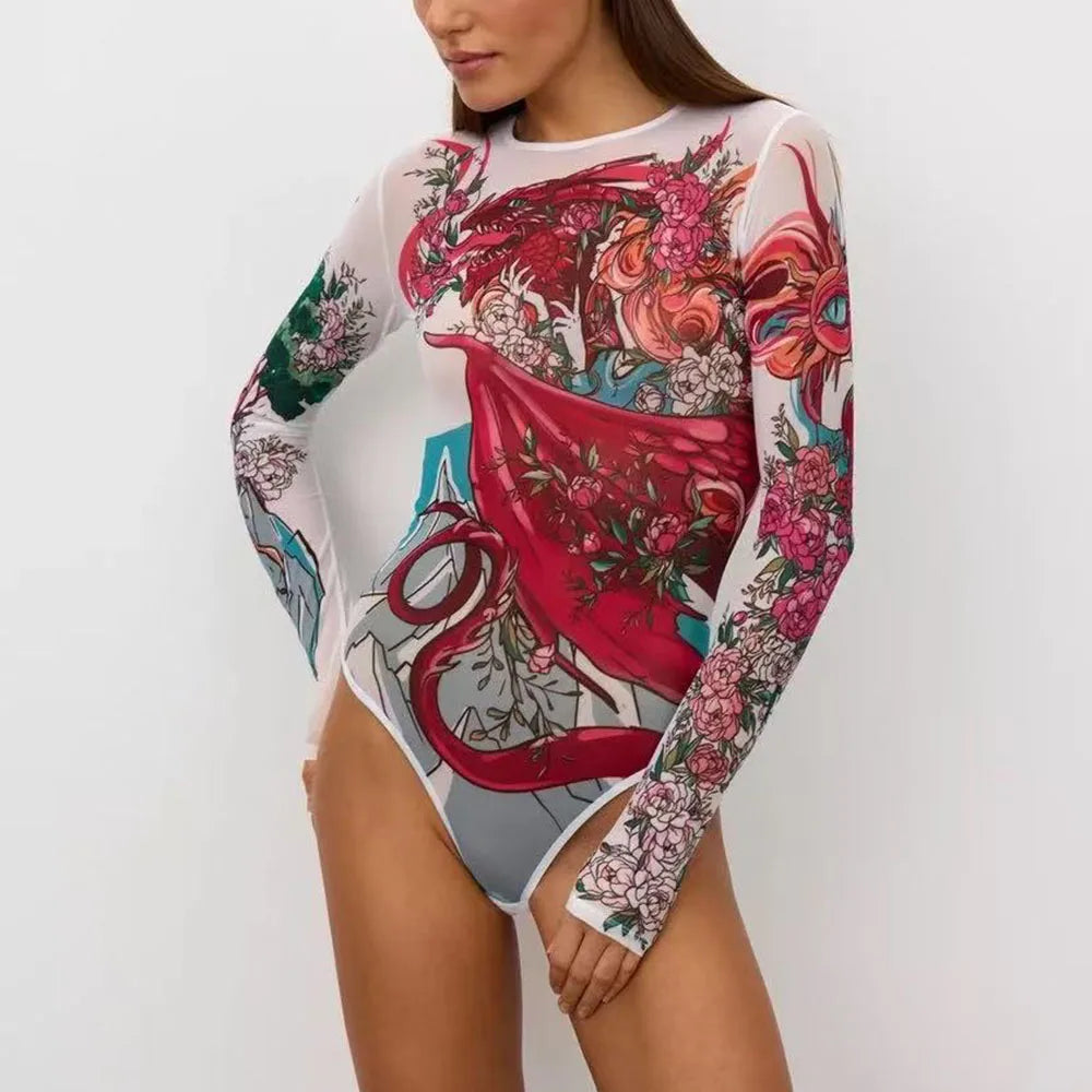 Women's Retro Print Scoop Neck Padded Long Sleeve One Piece Swimsuits High Cut Bathing Suits Swimwear Bodysuit