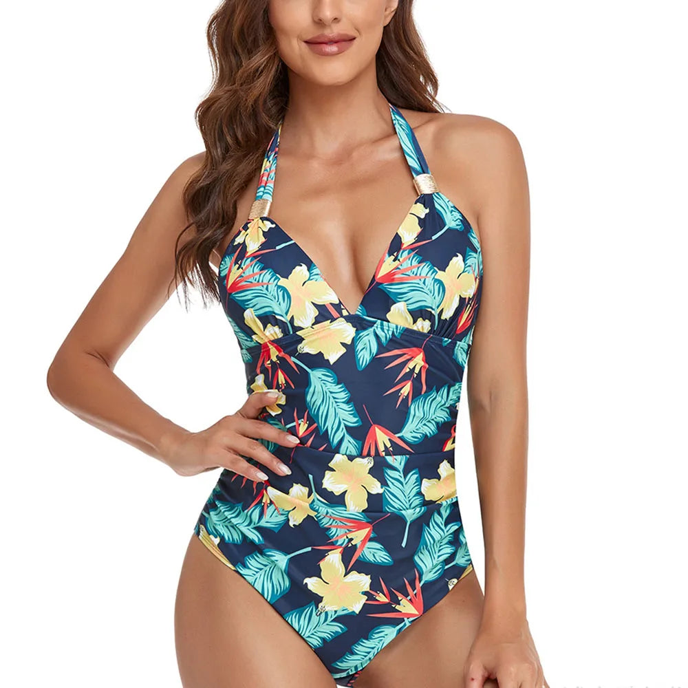 Women's One Piece Swimsuits Tummy Control Bathing Suits V Neck Halter Push Up Ruched Slimming Swimwear
