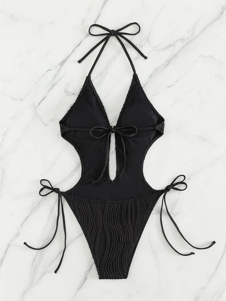 Women Deep V Neck Halter Sexy Swimsuits One Piece Slimming Modest Bathing Suit Color Block Drawstring Swim Suits