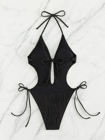 Women Deep V Neck Halter Sexy Swimsuits One Piece Slimming Modest Bathing Suit Color Block Drawstring Swim Suits