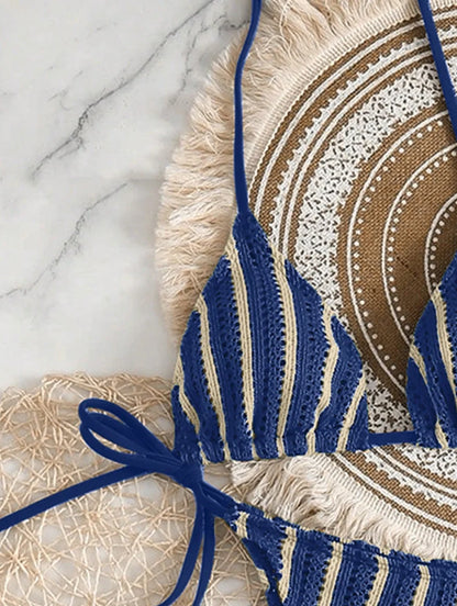 3pcs/Set Bohemian Style Crochet Fabric Drawstring Swimsuit Cover Up Bikini Set For Summer Beach Vacation