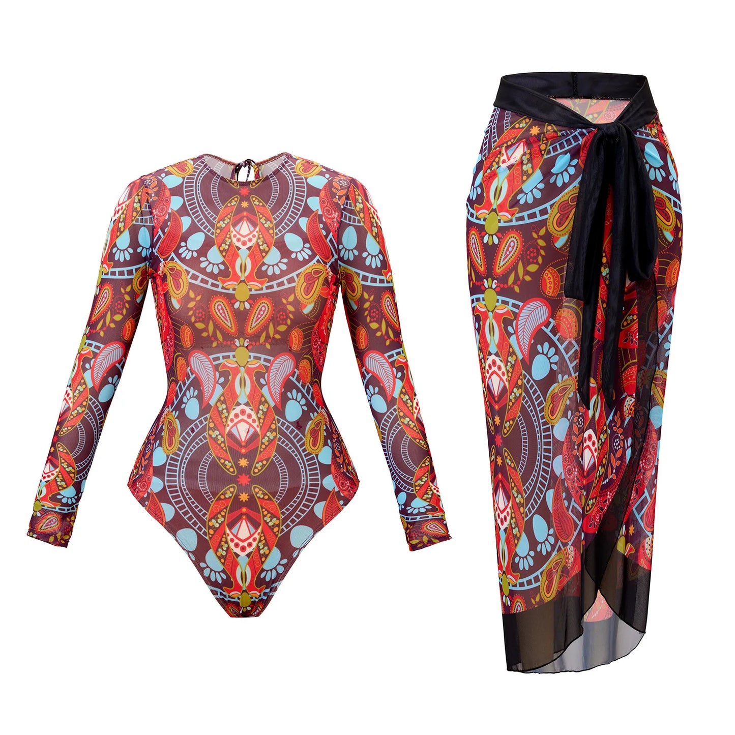Bikini Bodysuit Swimwear Women With Skirt Bathing Suit Summer New Ruffle Splice Print Beachwear Holiday Bikini Cover Ups Outfits